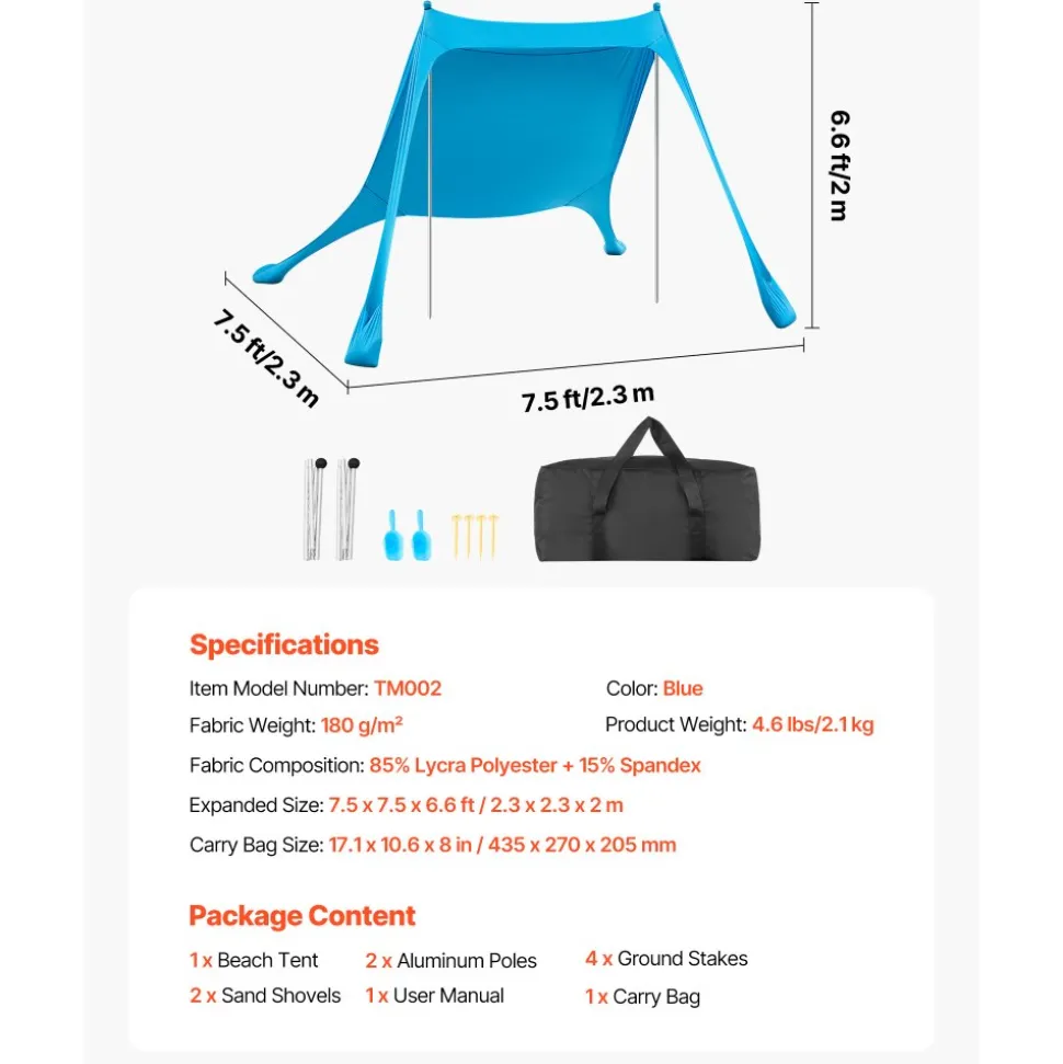 VEVOR Beach Tent Sun Shelter, UPF50+ Sun Protection, 6.6 ft Tall, 7.5x7.5 ft, Easy Pop Up Beach Canopy with Sandbags, Stability Poles, Sand Shovels, Portable Shade for Family Outings, Camping, Fishing