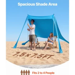 VEVOR Beach Tent Sun Shelter, UPF50+ Sun Protection, 6.6 ft Tall, 7.5x7.5 ft, Easy Pop Up Beach Canopy with Sandbags, Stability Poles, Sand Shovels, Portable Shade for Family Outings, Camping, Fishing