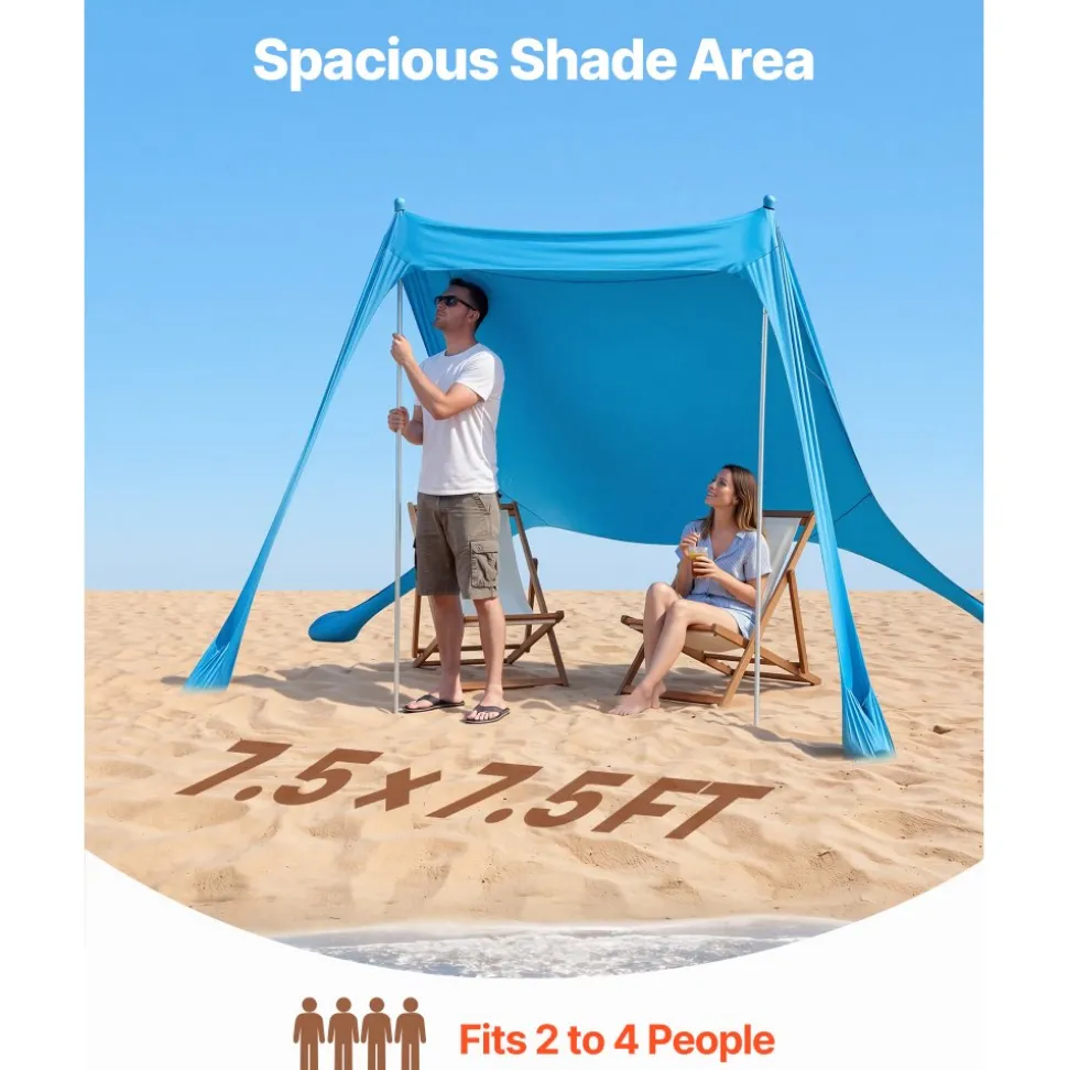 VEVOR Beach Tent Sun Shelter, UPF50+ Sun Protection, 6.6 ft Tall, 7.5x7.5 ft, Easy Pop Up Beach Canopy with Sandbags, Stability Poles, Sand Shovels, Portable Shade for Family Outings, Camping, Fishing