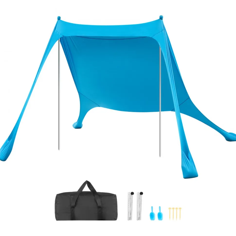 VEVOR Beach Tent Sun Shelter, UPF50+ Sun Protection, 6.6 ft Tall, 7.5x7.5 ft, Easy Pop Up Beach Canopy with Sandbags, Stability Poles, Sand Shovels, Portable Shade for Family Outings, Camping, Fishing