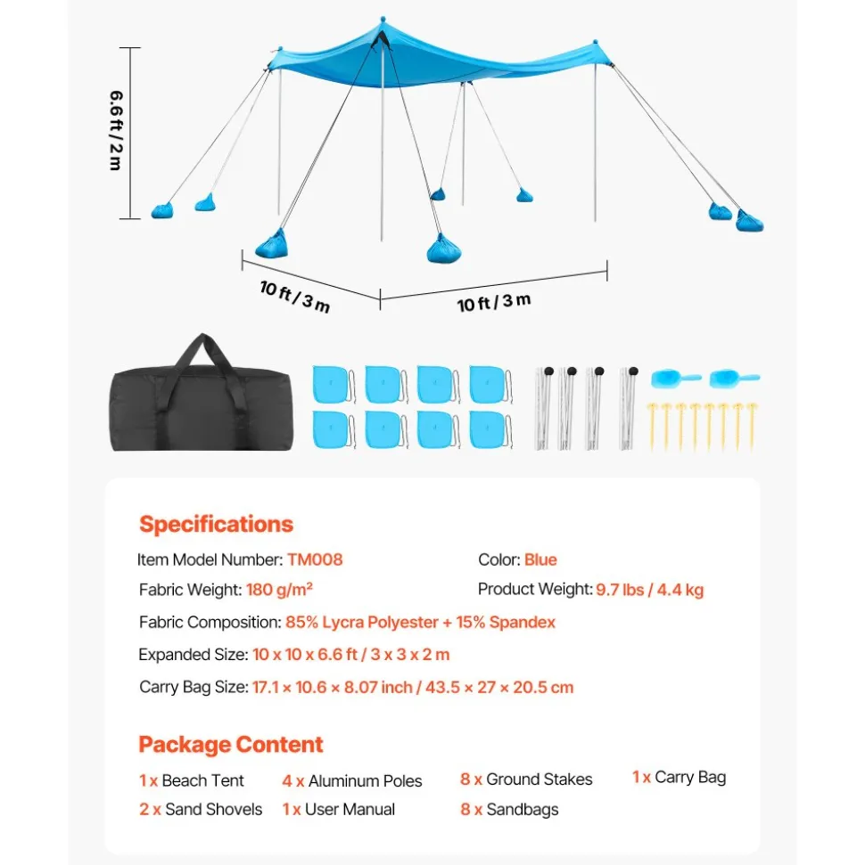 VEVOR Beach Tent Sun Shelter, UPF50+ Sun Protection, 6.6 ft Tall, 10x10 ft, Easy Pop Up Beach Canopy with 8 Sandbags, Stability Poles, Sand Shovels, Portable Shade for Family Outings, Camping, Fishing