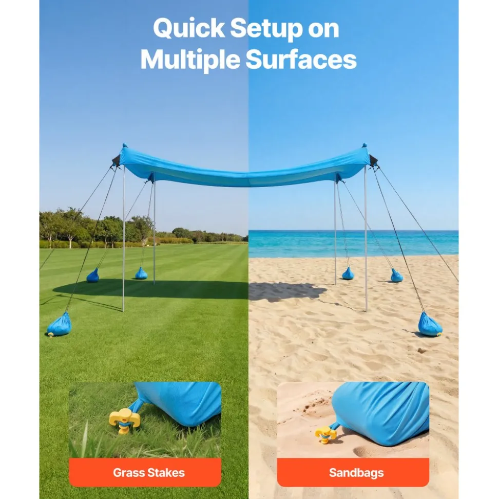 VEVOR Beach Tent Sun Shelter, UPF50+ Sun Protection, 6.6 ft Tall, 10x10 ft, Easy Pop Up Beach Canopy with 8 Sandbags, Stability Poles, Sand Shovels, Portable Shade for Family Outings, Camping, Fishing