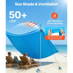 VEVOR Beach Tent Sun Shelter, UPF50+ Sun Protection, 6.6 ft Tall, 10x10 ft, Easy Pop Up Beach Canopy with 8 Sandbags, Stability Poles, Sand Shovels, Portable Shade for Family Outings, Camping, Fishing
