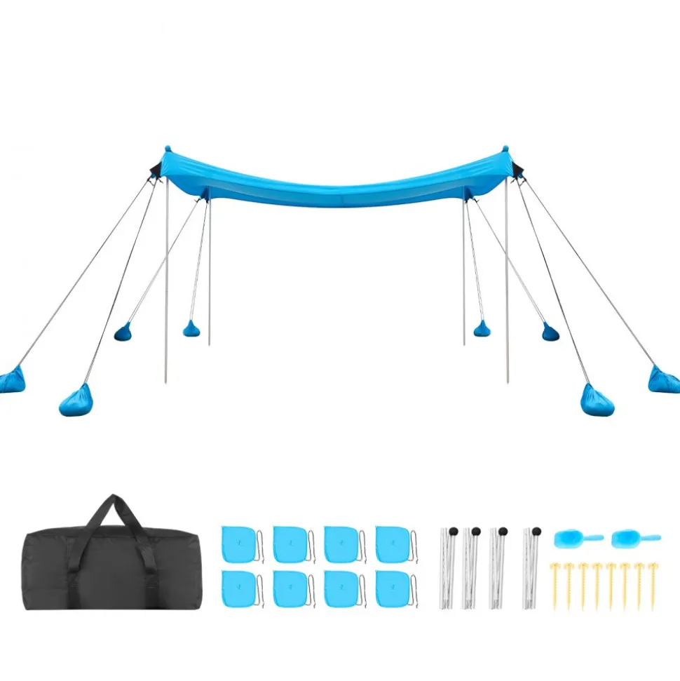 VEVOR Beach Tent Sun Shelter, UPF50+ Sun Protection, 6.6 ft Tall, 10x10 ft, Easy Pop Up Beach Canopy with 8 Sandbags, Stability Poles, Sand Shovels, Portable Shade for Family Outings, Camping, Fishing