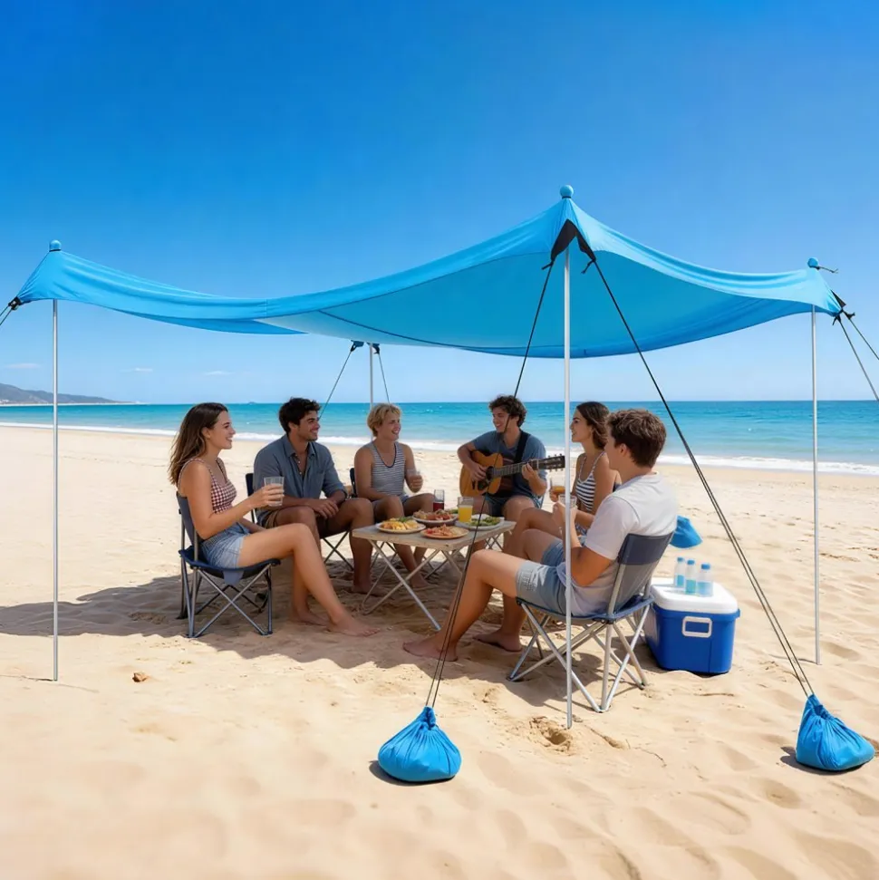 VEVOR Beach Tent Sun Shelter, UPF50+ Sun Protection, 6.6 ft Tall, 10x10 ft, Easy Pop Up Beach Canopy with 8 Sandbags, Stability Poles, Sand Shovels, Portable Shade for Family Outings, Camping, Fishing