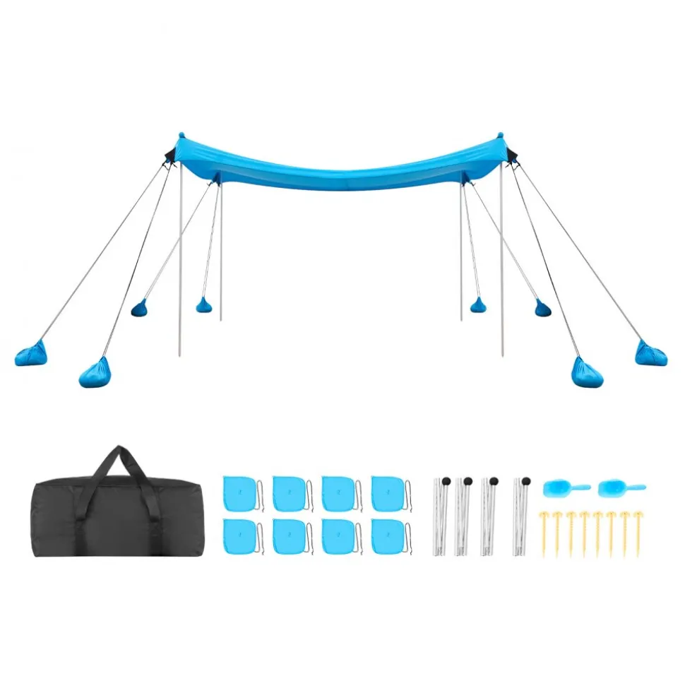 VEVOR Beach Tent Sun Shelter, UPF50+ Sun Protection, 6.6 ft Tall, 10x10 ft, Easy Pop Up Beach Canopy with 8 Sandbags, Stability Poles, Sand Shovels, Portable Shade for Family Outings, Camping, Fishing