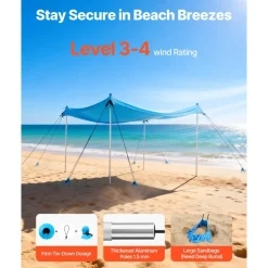 VEVOR Beach Tent Sun Shelter, UPF50+ Sun Protection, 6.6 ft Tall, 10x10 ft, Easy Pop Up Beach Canopy with 8 Sandbags, Stability Poles, Sand Shovels, Portable Shade for Family Outings, Camping, Fishing