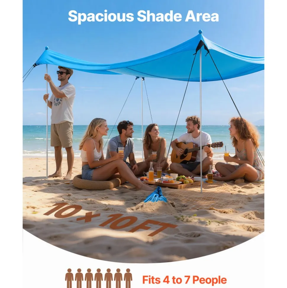VEVOR Beach Tent Sun Shelter, UPF50+ Sun Protection, 6.6 ft Tall, 10x10 ft, Easy Pop Up Beach Canopy with 8 Sandbags, Stability Poles, Sand Shovels, Portable Shade for Family Outings, Camping, Fishing