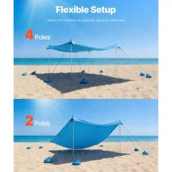 VEVOR Beach Tent Sun Shelter, UPF50+ Sun Protection, 6.6 ft Tall, 10x10 ft, Easy Pop Up Beach Canopy with 8 Sandbags, Stability Poles, Sand Shovels, Portable Shade for Family Outings, Camping, Fishing