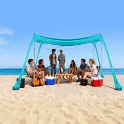 VEVOR Beach Tent Sun Shelter, UPF50+ Sun Protection, 6.6 ft Tall, 10 x 10 ft, Easy Pop Up Beach Canopy with Sandbags, Stability Poles, Sand Shovels, Portable Shade for Family Outings, Camping, Fishing