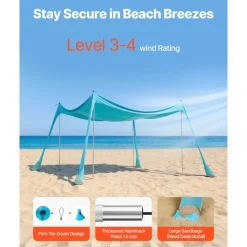 VEVOR Beach Tent Sun Shelter, UPF50+ Sun Protection, 6.6 ft Tall, 10 x 10 ft, Easy Pop Up Beach Canopy with Sandbags, Stability Poles, Sand Shovels, Portable Shade for Family Outings, Camping, Fishing