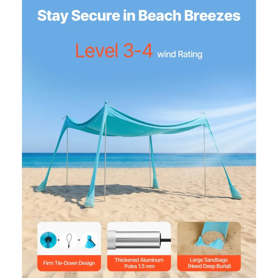 VEVOR Beach Tent Sun Shelter, UPF50+ Sun Protection, 6.6 ft Tall, 10 x 10 ft, Easy Pop Up Beach Canopy with Sandbags, Stability Poles, Sand Shovels, Portable Shade for Family Outings, Camping, Fishing