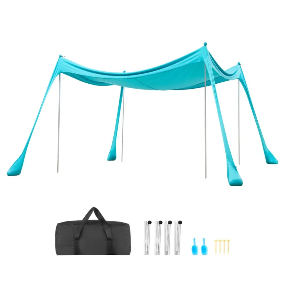 VEVOR Beach Tent Sun Shelter, UPF50+ Sun Protection, 6.6 ft Tall, 10 x 10 ft, Easy Pop Up Beach Canopy with Sandbags, Stability Poles, Sand Shovels, Portable Shade for Family Outings, Camping, Fishing