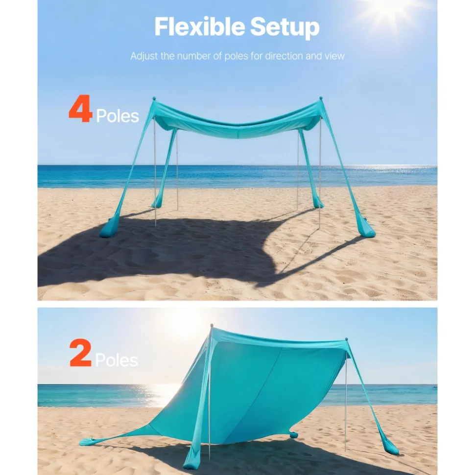 VEVOR Beach Tent Sun Shelter, UPF50+ Sun Protection, 6.6 ft Tall, 10 x 10 ft, Easy Pop Up Beach Canopy with Sandbags, Stability Poles, Sand Shovels, Portable Shade for Family Outings, Camping, Fishing