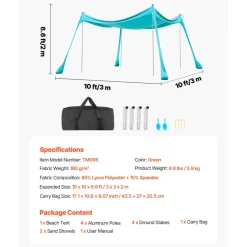 VEVOR Beach Tent Sun Shelter, UPF50+ Sun Protection, 6.6 ft Tall, 10 x 10 ft, Easy Pop Up Beach Canopy with Sandbags, Stability Poles, Sand Shovels, Portable Shade for Family Outings, Camping, Fishing