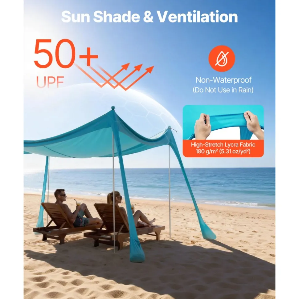 VEVOR Beach Tent Sun Shelter, UPF50+ Sun Protection, 6.6 ft Tall, 10 x 10 ft, Easy Pop Up Beach Canopy with Sandbags, Stability Poles, Sand Shovels, Portable Shade for Family Outings, Camping, Fishing