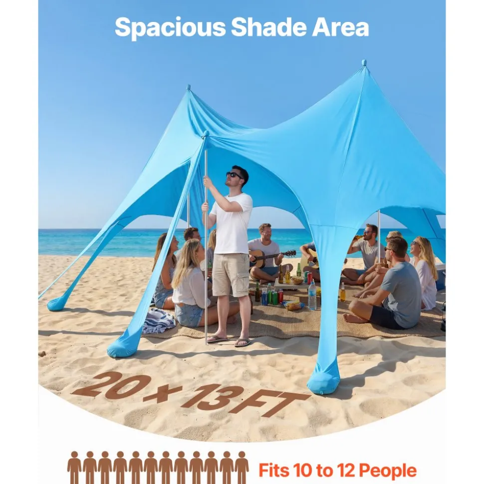 VEVOR Beach Tent Sun Shelter, UPF50+ Sun Protection, 9.2 ft Tall, 20 x 13 ft, Easy Pop Up Beach Canopy with Sandbags, Stability Poles, Sand Shovels, Portable Shade for Family Outings, Camping, Fishing