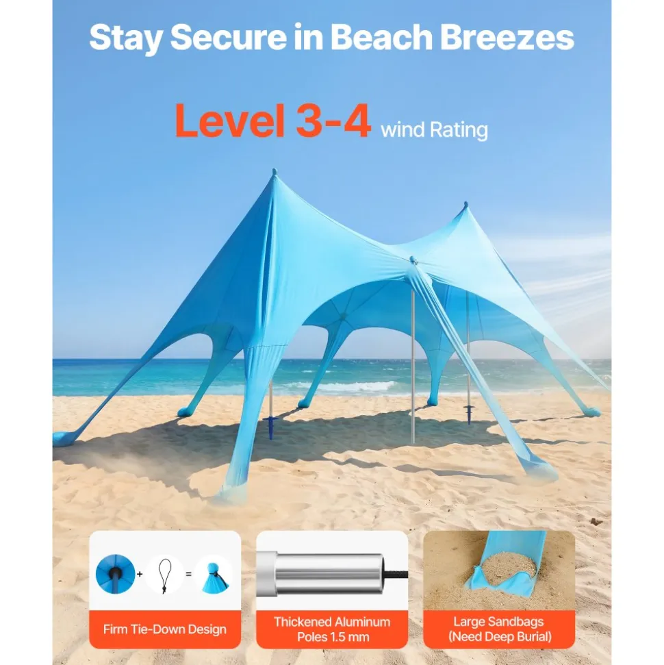 VEVOR Beach Tent Sun Shelter, UPF50+ Sun Protection, 9.2 ft Tall, 20 x 13 ft, Easy Pop Up Beach Canopy with Sandbags, Stability Poles, Sand Shovels, Portable Shade for Family Outings, Camping, Fishing