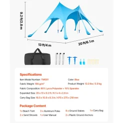 VEVOR Beach Tent Sun Shelter, UPF50+ Sun Protection, 9.2 ft Tall, 20 x 13 ft, Easy Pop Up Beach Canopy with Sandbags, Stability Poles, Sand Shovels, Portable Shade for Family Outings, Camping, Fishing