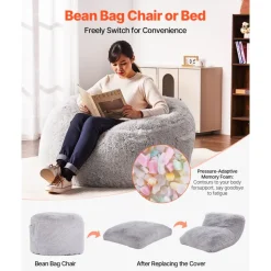 VEVOR Bean Bag Bed Chair, Convertible Chair from BeanBag to Lounge or Mattress, Gaint Bean Bag Chair Bed with Washable Cover for Adults, Fluffy Plush, Foam Filling and Side Pocket, Grey(Full Size)