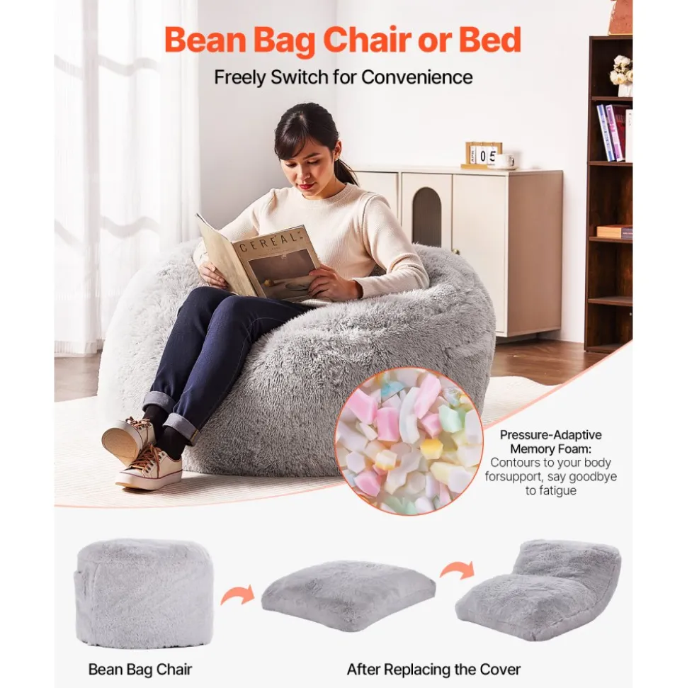VEVOR Bean Bag Bed Chair, Convertible Chair from BeanBag to Lounge or Mattress, Gaint Bean Bag Chair Bed with Washable Cover for Adults, Fluffy Plush, Foam Filling and Side Pocket, Grey(Full Size)