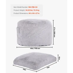 VEVOR Bean Bag Bed Chair, Convertible Chair from BeanBag to Lounge or Mattress, Gaint Bean Bag Chair Bed with Washable Cover for Adults, Fluffy Plush, Foam Filling and Side Pocket, Grey(Full Size)