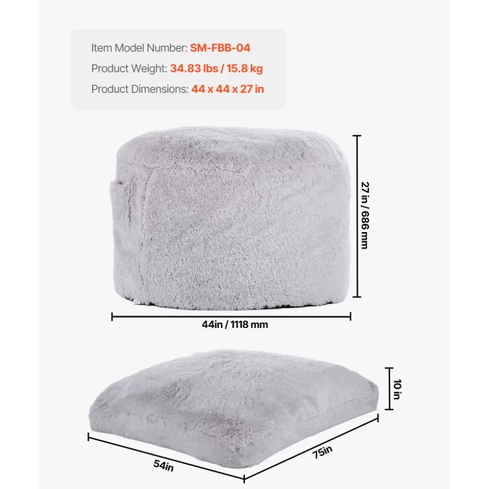 VEVOR Bean Bag Bed Chair, Convertible Chair from BeanBag to Lounge or Mattress, Gaint Bean Bag Chair Bed with Washable Cover for Adults, Fluffy Plush, Foam Filling and Side Pocket, Grey(Full Size)