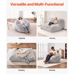 VEVOR Bean Bag Bed Chair, Convertible Chair from BeanBag to Lounge or Mattress, Gaint Bean Bag Chair Bed with Washable Cover for Adults, Fluffy Plush, Foam Filling and Side Pocket, Grey(Full Size)