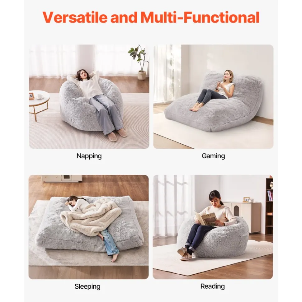 VEVOR Bean Bag Bed Chair, Convertible Chair from BeanBag to Lounge or Mattress, Gaint Bean Bag Chair Bed with Washable Cover for Adults, Fluffy Plush, Foam Filling and Side Pocket, Grey(Full Size)