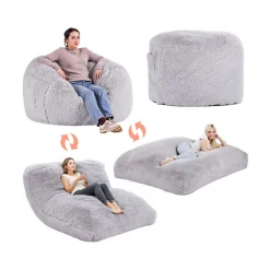 VEVOR Bean Bag Bed Chair, Convertible Chair from BeanBag to Lounge or Mattress, Gaint Bean Bag Chair Bed with Washable Cover for Adults, Fluffy Plush, Foam Filling and Side Pocket, Grey(Full Size)
