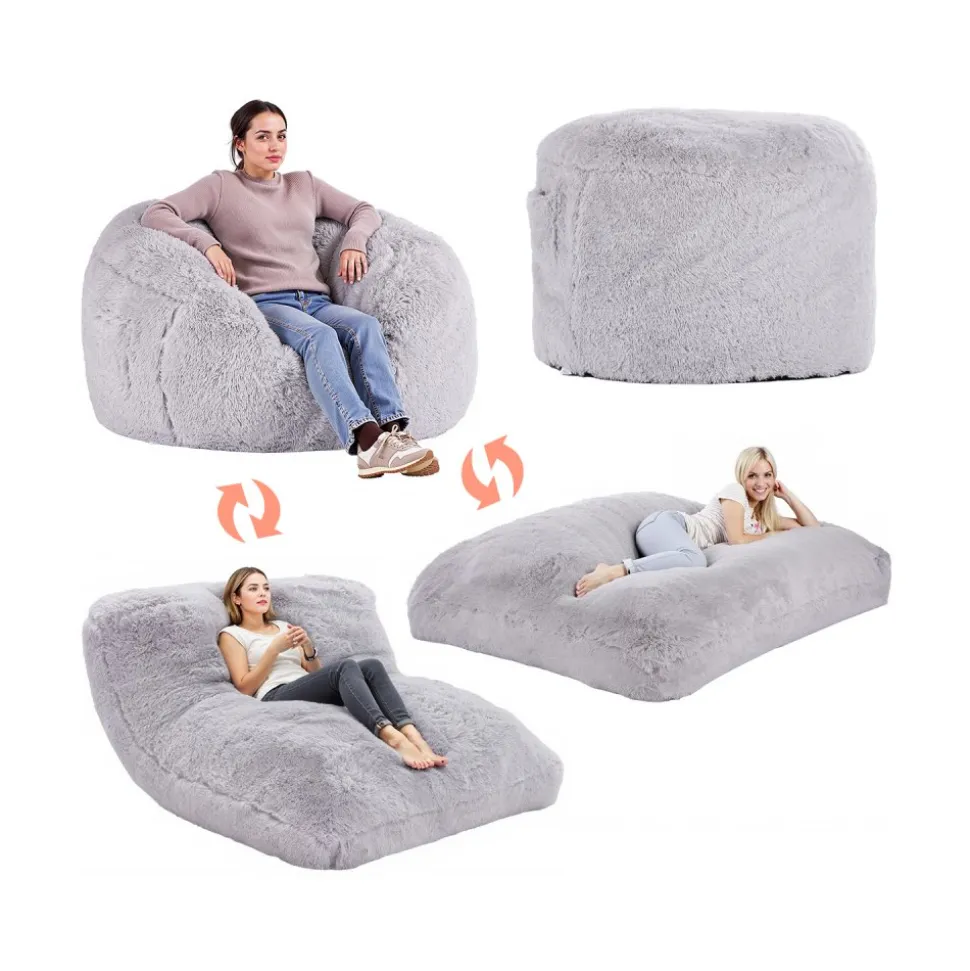 VEVOR Bean Bag Bed Chair, Convertible Chair from BeanBag to Lounge or Mattress, Gaint Bean Bag Chair Bed with Washable Cover for Adults, Fluffy Plush, Foam Filling and Side Pocket, Grey(Full Size)