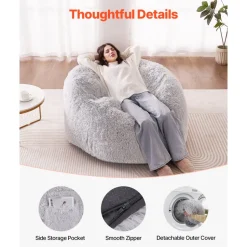VEVOR Bean Bag Bed Chair, Convertible Chair from BeanBag to Lounge or Mattress, Gaint Bean Bag Chair Bed with Washable Cover for Adults, Fluffy Plush, Foam Filling and Side Pocket, Grey(Full Size)