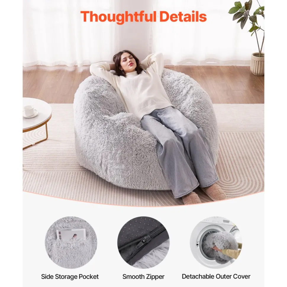 VEVOR Bean Bag Bed Chair, Convertible Chair from BeanBag to Lounge or Mattress, Gaint Bean Bag Chair Bed with Washable Cover for Adults, Fluffy Plush, Foam Filling and Side Pocket, Grey(Full Size)