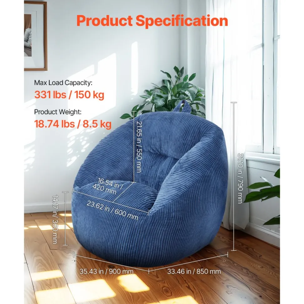 VEVOR Bean Bag Chair, 3 feet Bean Bag Chair with Soft Armrests and Storage Pocket, 25D Memory Foam Filled with Soft Teddy Velvet Cover, Bean Bag for Bedroom or Playroom, Blue