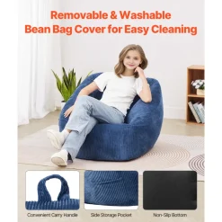 VEVOR Bean Bag Chair, 3 feet Bean Bag Chair with Soft Armrests and Storage Pocket, 25D Memory Foam Filled with Soft Teddy Velvet Cover, Bean Bag for Bedroom or Playroom, Blue