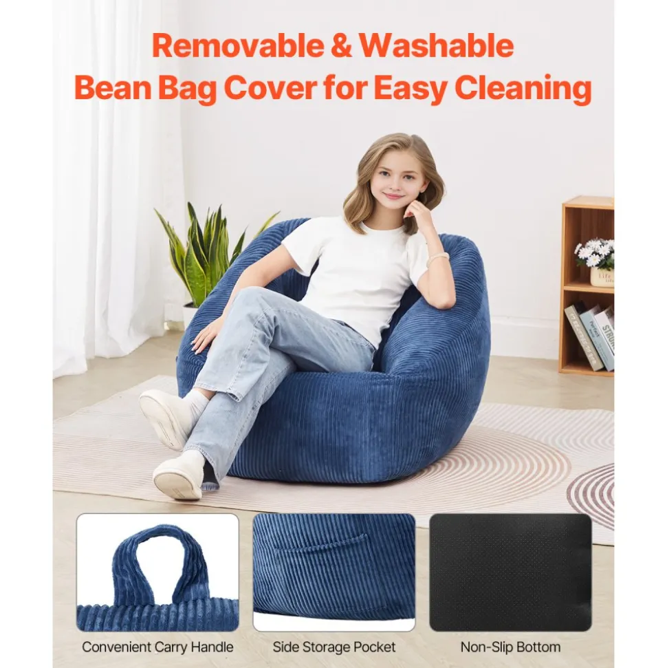 VEVOR Bean Bag Chair, 3 feet Bean Bag Chair with Soft Armrests and Storage Pocket, 25D Memory Foam Filled with Soft Teddy Velvet Cover, Bean Bag for Bedroom or Playroom, Blue