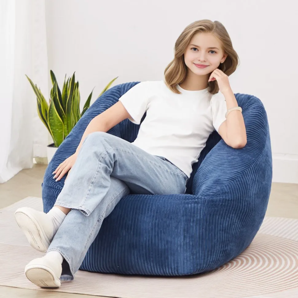 VEVOR Bean Bag Chair, 3 feet Bean Bag Chair with Soft Armrests and Storage Pocket, 25D Memory Foam Filled with Soft Teddy Velvet Cover, Bean Bag for Bedroom or Playroom, Blue