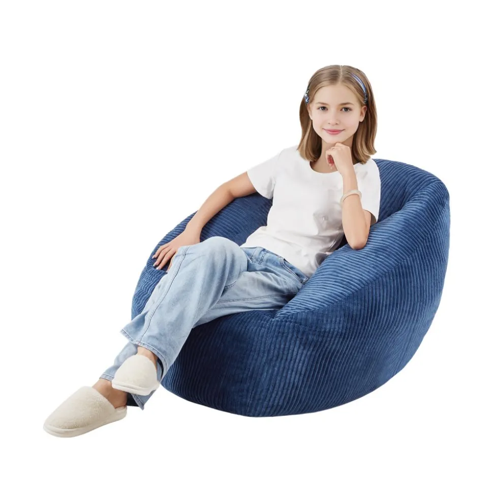 VEVOR Bean Bag Chair, 3 feet Bean Bag Chair with Soft Armrests and Storage Pocket, 25D Memory Foam Filled with Soft Teddy Velvet Cover, Bean Bag for Bedroom or Playroom, Blue