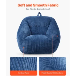 VEVOR Bean Bag Chair, 3 feet Bean Bag Chair with Soft Armrests and Storage Pocket, 25D Memory Foam Filled with Soft Teddy Velvet Cover, Bean Bag for Bedroom or Playroom, Blue