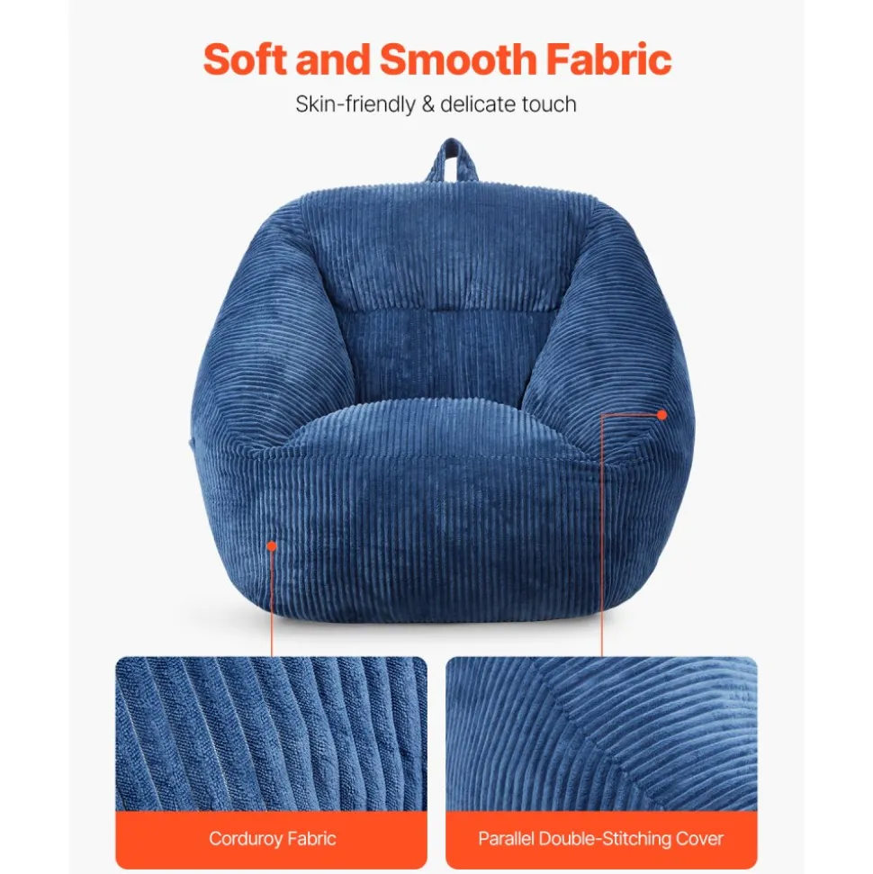 VEVOR Bean Bag Chair, 3 feet Bean Bag Chair with Soft Armrests and Storage Pocket, 25D Memory Foam Filled with Soft Teddy Velvet Cover, Bean Bag for Bedroom or Playroom, Blue