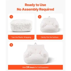 VEVOR Bean Bag Chair, 3 feet Bean Bag Chair with Soft Armrests and Storage Pocket, 25D Memory Foam Filled with Soft Teddy Velvet Cover, Bean Bag for Bedroom or Playroom, White