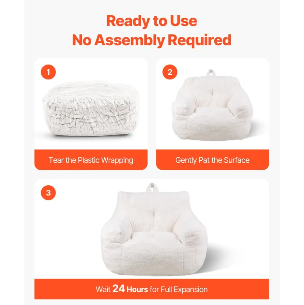 VEVOR Bean Bag Chair, 3 feet Bean Bag Chair with Soft Armrests and Storage Pocket, 25D Memory Foam Filled with Soft Teddy Velvet Cover, Bean Bag for Bedroom or Playroom, White