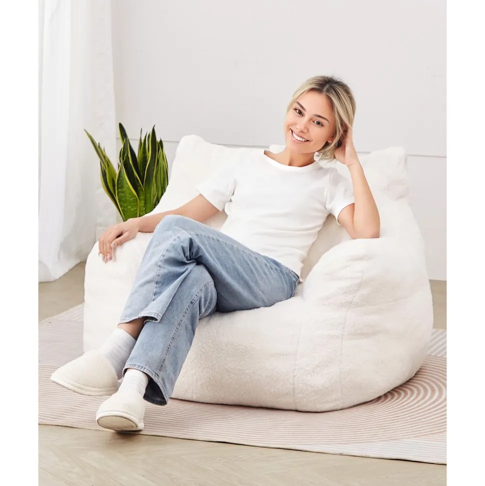 VEVOR Bean Bag Chair, 3 feet Bean Bag Chair with Soft Armrests and Storage Pocket, 25D Memory Foam Filled with Soft Teddy Velvet Cover, Bean Bag for Bedroom or Playroom, White