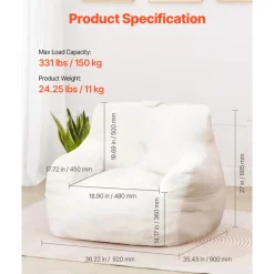 VEVOR Bean Bag Chair, 3 feet Bean Bag Chair with Soft Armrests and Storage Pocket, 25D Memory Foam Filled with Soft Teddy Velvet Cover, Bean Bag for Bedroom or Playroom, White