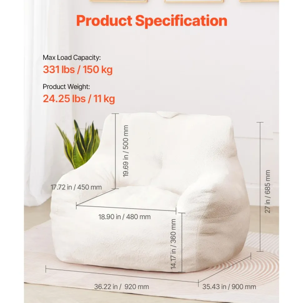 VEVOR Bean Bag Chair, 3 feet Bean Bag Chair with Soft Armrests and Storage Pocket, 25D Memory Foam Filled with Soft Teddy Velvet Cover, Bean Bag for Bedroom or Playroom, White