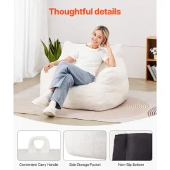 VEVOR Bean Bag Chair, 3 feet Bean Bag Chair with Soft Armrests and Storage Pocket, 25D Memory Foam Filled with Soft Teddy Velvet Cover, Bean Bag for Bedroom or Playroom, White