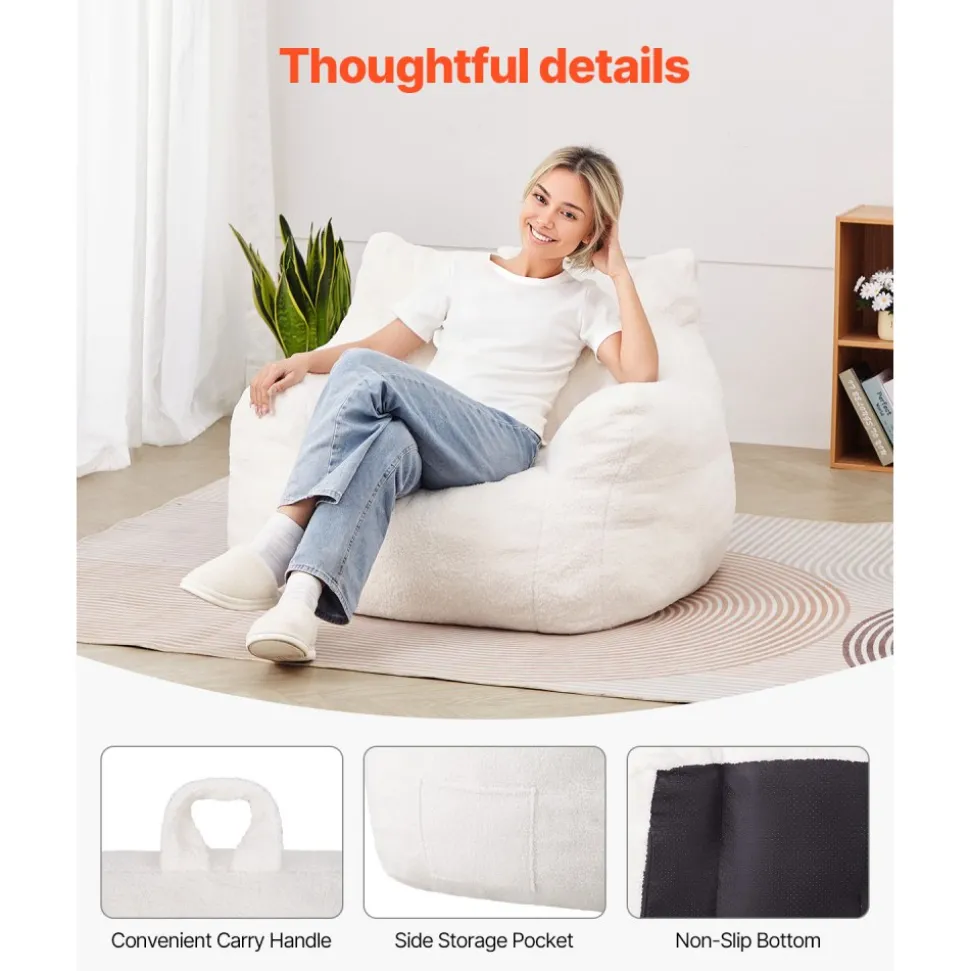 VEVOR Bean Bag Chair, 3 feet Bean Bag Chair with Soft Armrests and Storage Pocket, 25D Memory Foam Filled with Soft Teddy Velvet Cover, Bean Bag for Bedroom or Playroom, White
