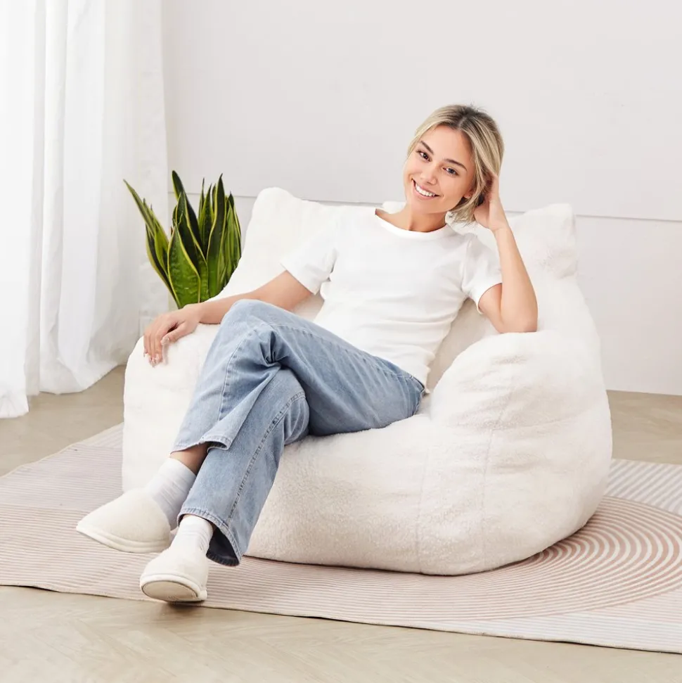VEVOR Bean Bag Chair, 3 feet Bean Bag Chair with Soft Armrests and Storage Pocket, 25D Memory Foam Filled with Soft Teddy Velvet Cover, Bean Bag for Bedroom or Playroom, White