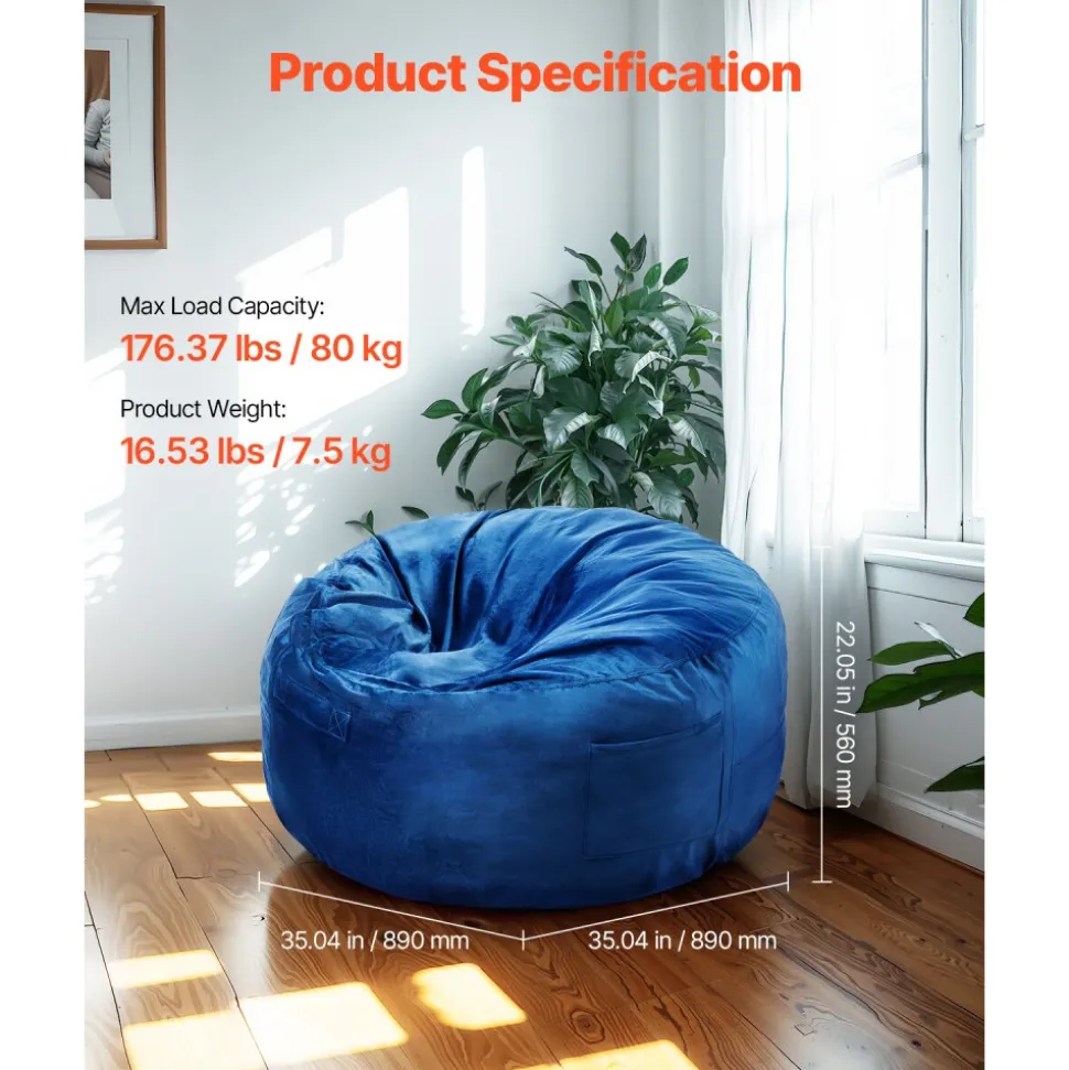 VEVOR Bean Bag Chair, 3 feet Round Bean Bag Chair with Removable and Washable Cover, 25D Memory Foam Filled with Soft and Smooth Dutch Velvet, Bean Bag for Bedroom or Playroom, Blue