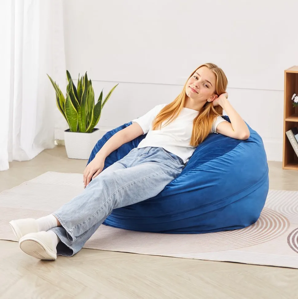 VEVOR Bean Bag Chair, 3 feet Round Bean Bag Chair with Removable and Washable Cover, 25D Memory Foam Filled with Soft and Smooth Dutch Velvet, Bean Bag for Bedroom or Playroom, Blue